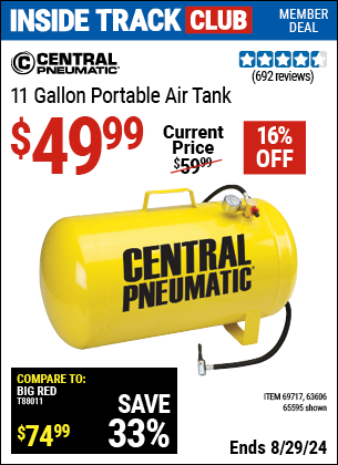 Inside Track Club members can buy the CENTRAL PNEUMATIC 11 Gallon Portable Air Tank (Item 65595/69717/63606) for $49.99, valid through 8/29/2024.