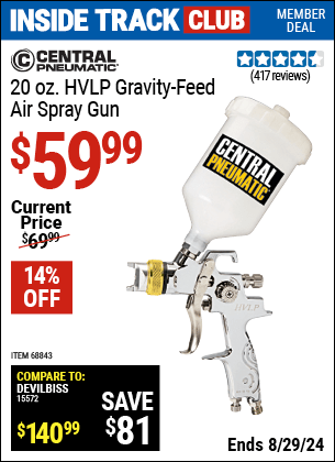 Inside Track Club members can Buy the CENTRAL PNEUMATIC 20 oz. Professional HVLP Gravity Feed Air Spray Gun (Item 68843) for $59.99, valid through 8/29/2024.