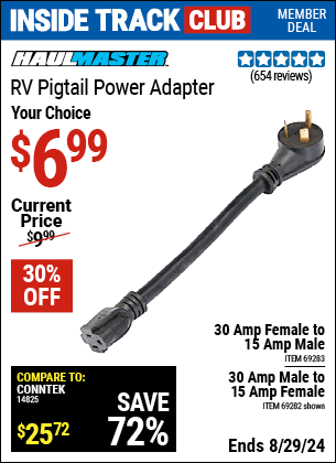 Inside Track Club members can buy the HAUL-MASTER 30 Amp Female to 15 Amp Male RV Pigtail Power Adapter (Item 69283/69282) for $6.99, valid through 8/29/2024.
