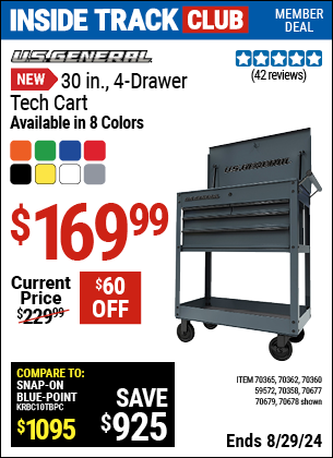 Inside Track Club members can buy the U.S. GENERAL 30 in. 4-Drawer Tech Cart, Series 3 (Item 70678/70365/70362/70360/59572/70358/70677/70679) for $169.99, valid through 8/29/2024.