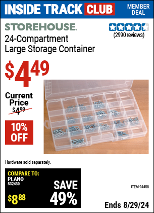 Inside Track Club members can buy the STOREHOUSE 24 Compartment Large Storage Container (Item 94458) for $4.49, valid through 8/29/2024.