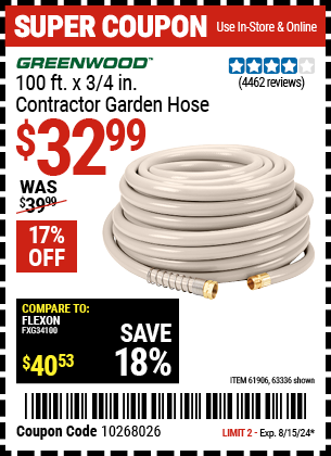 Buy the GREENWOOD 100 ft. x 3/4 in. Contractor Garden Hose (Item 63336/61906) for $32.99, valid through 8/15/2024.