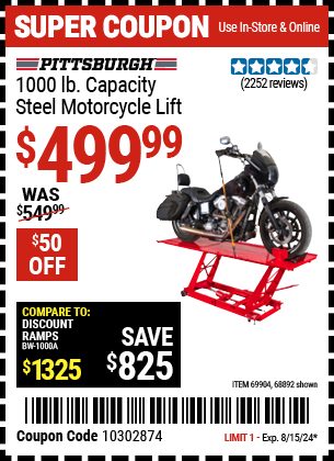 Buy the PITTSBURGH 1000 lb. Steel Motorcycle Lift (Item 68892/69904) for $499.99, valid through 8/15/2024.