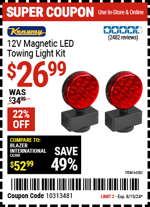 Buy the KENWAY 12V Magnetic LED Towing Light Kit (Item 64282) for $26.99, valid through 8/15/2024.