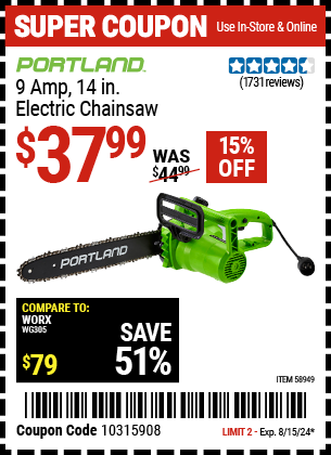 Buy the PORTLAND 9 Amp 14 in. Electric Chainsaw (Item 58949) for $37.99, valid through 8/15/2024.