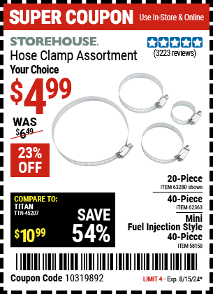 Buy the MADDOX Mini Fuel Injection Style Hose Clamp Kit (Item 58150/62363/63280) for $4.99, valid through 8/15/2024.