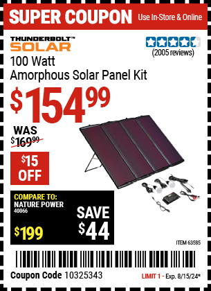 Buy the THUNDERBOLT MAGNUM SOLAR 100 Watt Solar Panel Kit (Item 63585) for $154.99, valid through 8/15/2024.