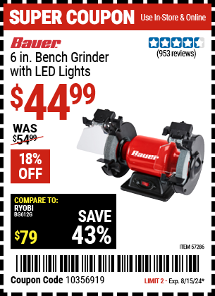 Buy the BAUER 6 in. Bench Grinder With LED Lights (Item 57286) for $44.99, valid through 8/15/2024.