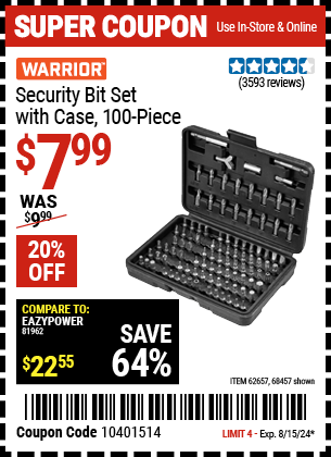 Buy the WARRIOR Security Bit Set with Case, 100 Pc. (Item 68457/62657) for $7.99, valid through 8/15/2024.