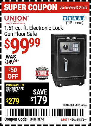 Buy the UNION SAFE COMPANY 1.51 cu. ft. Electronic Lock Gun Floor Safe (Item 64009/64010) for $99.99, valid through 8/15/2024.