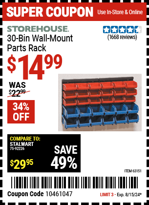 Buy the STOREHOUSE 30 Bin Wall Mount Parts Rack (Item 63151) for $14.99, valid through 8/15/2024.