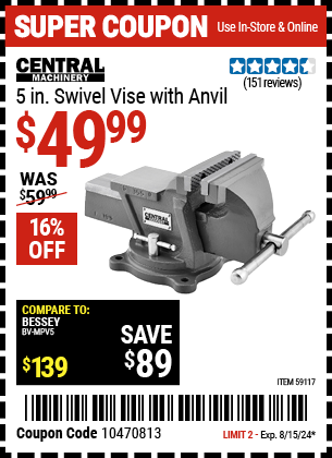 Buy the CENTRAL MACHINERY 5 in. Swivel Vise with Anvil (Item 59117) for $49.99, valid through 8/15/2024.