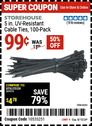 Buy the STOREHOUSE 5 in. Black Cable Ties 100 Pk. (Item 60254) for $0.99, valid through 8/15/2024.