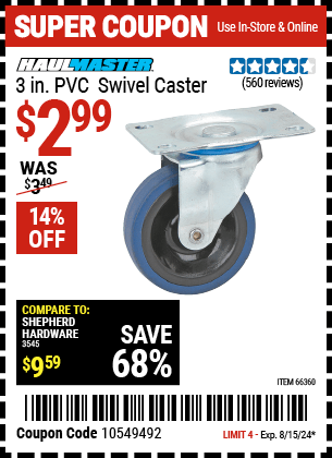 Buy the HAUL-MASTER 3 in. PVC Light Duty Swivel Caster (Item 66360) for $2.99, valid through 8/15/2024.