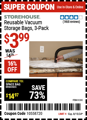 Buy the STOREHOUSE Vacuum Storage Bags Set of Three (Item 61242) for $3.99, valid through 8/15/2024.