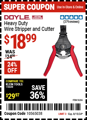 Buy the DOYLE Heavy-Duty Wire Stripper and Cutter (Item 56266) for $18.99, valid through 8/15/2024.