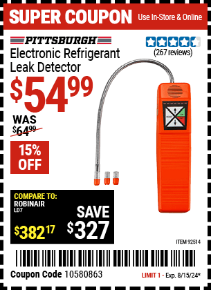 Buy the PITTSBURGH AUTOMOTIVE Electronic Refrigerant Leak Detector (Item 92514) for $54.99, valid through 8/15/2024.