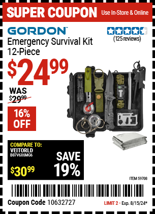 Buy the GORDON Emergency Survival Kit, 12-Piece (Item 59708) for $24.99, valid through 8/15/2024.