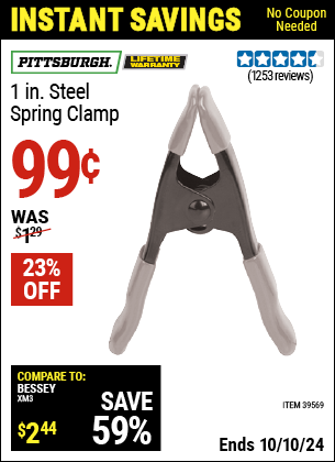 Buy the PITTSBURGH 1 in. Steel Spring Clamp (Item 39569) for $0.99, valid through 10/10/2024.