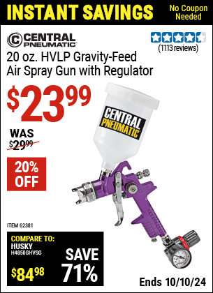 Buy the CENTRAL PNEUMATIC 20 oz. HVLP Gravity Feed Air Spray Gun with Regulator (Item 62381) for $23.99, valid through 10/10/2024.