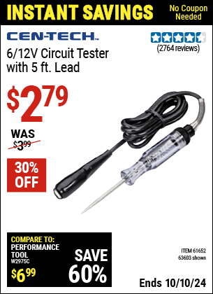 Buy the CEN-TECH 6/12V Circuit Tester with 5 ft. Lead (Item 63603/61652) for $2.79, valid through 10/10/2024.