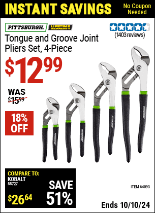 Buy the PITTSBURGH Tongue and Groove Joint Pliers Set 4 Pc. (Item 64093) for $12.99, valid through 10/10/2024.