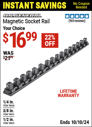 Buy the U.S. GENERAL Magnetic Socket Rail (Item 70020/70021/70035) for $16.99, valid through 10/10/2024.