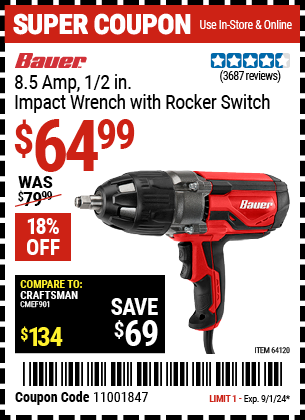 Buy the BAUER 8.5 Amp, 1/2 in. Variable Speed Extreme Torque Impact Wrench with Rocker Switch (Item 64120) for $64.99, valid through 9/1/2024.