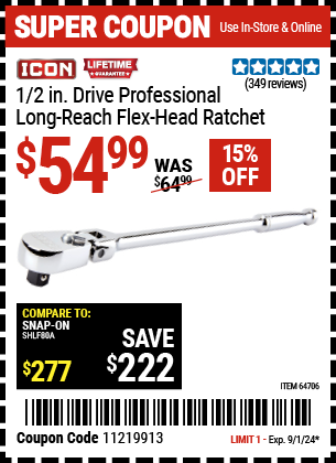 Buy the ICON 1/2 in. Drive Professional Long Reach Flex Head Ratchet (Item 64706) for $54.99, valid through 9/1/2024.