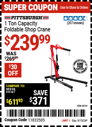 Buy the PITTSBURGH 1 Ton Capacity Foldable Shop Crane (Item 58794) for $239.99, valid through 9/15/2024.