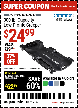 Buy the PITTSBURGH AUTOMOTIVE 300 lb. Capacity Low-Profile Creeper, Green (Item 57310/57311/57312/63371/63372/63424/64169) for $24.99, valid through 9/15/2024.