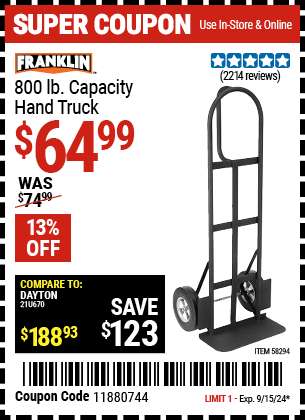 Buy the FRANKLIN 800 lb. Capacity Hand Truck (Item 58294) for $64.99, valid through 9/15/2024.