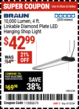 Buy the BRAUN 10,000 Lumen 4 ft. Linkable Diamond Plate LED Hanging Shop Light (Item 56780) for $42.99, valid through 9/15/2024.