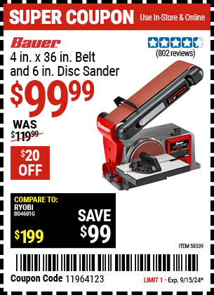 Buy the BAUER 4 in. X 36 in. Belt And 6 in. Disc Sander (Item 58339) for $99.99, valid through 9/15/2024.