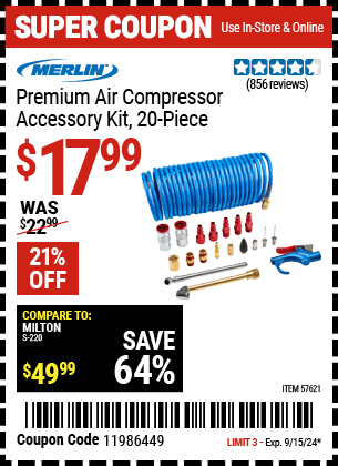 Buy the MERLIN Premium Air Compressor Accessory Kit, 20 Pc. (Item 57621) for $17.99, valid through 9/15/2024.