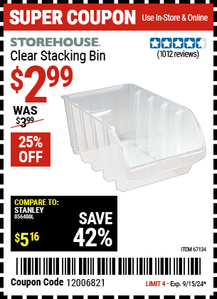 Buy the STOREHOUSE Clear Stacking Bin (Item 67134) for $2.99, valid through 9/15/2024.