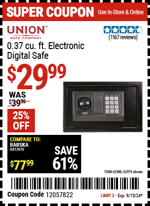 Buy the UNION SAFE COMPANY 0.37 cu. ft. Electronic Digital Safe (Item 62979/62980) for $29.99, valid through 9/15/2024.