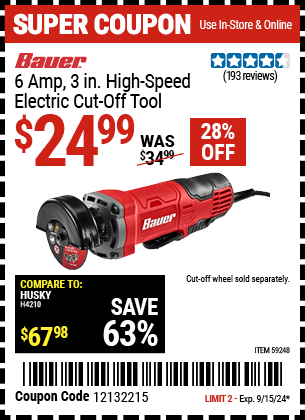 Buy the BAUER 6 Amp, 3 in. High Speed Electric Cut-Off Tool (Item 59248) for $24.99, valid through 9/15/2024.