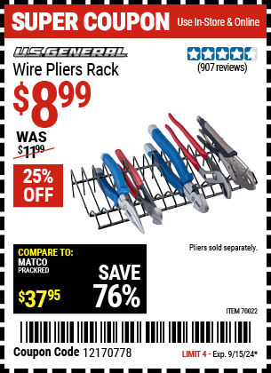 Buy the U.S. GENERAL Wire Pliers Rack (Item 70022) for $8.99, valid through 9/15/2024.