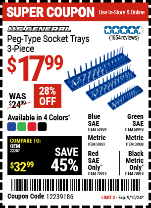 Buy the U.S. GENERAL Peg-Type Metric Socket Tray, 3 Pc., Blue (Item 58937/58938/58939/58940/70018/70019) for $17.99, valid through 9/15/2024.