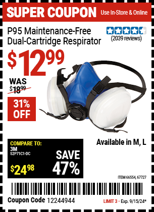 Buy the GERSON P95 Maintenance-Free Dual Cartridge Respirator Medium (Item 66554/67727) for $12.99, valid through 9/15/2024.