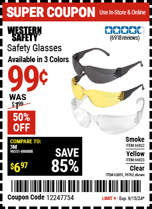 Buy the WESTERN SAFETY Safety Glasses (Item 66822/66823/99762/63851) for $0.99, valid through 9/15/2024.