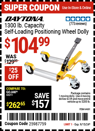 Buy the DAYTONA 1300 lb. Self-Loading Positioning Wheel Dolly (Item 64601) for $104.99, valid through 9/15/2024.