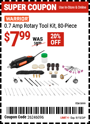 Buy the WARRIOR 0.7 Amp Rotary Tool Kit (Item 58999) for $7.99, valid through 9/15/2024.