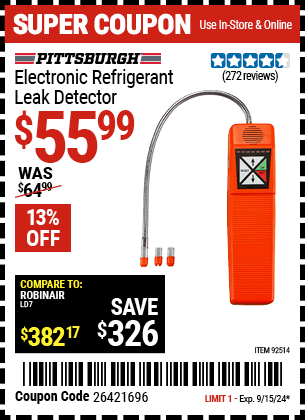 Buy the PITTSBURGH AUTOMOTIVE Electronic Refrigerant Leak Detector (Item 92514) for $55.99, valid through 9/15/2024.