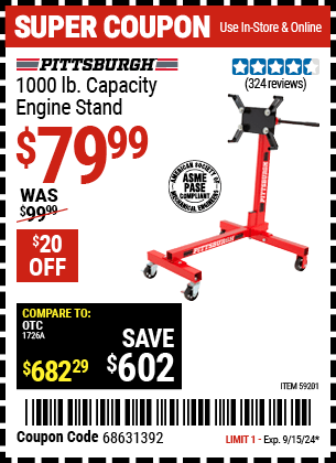 Buy the PITTSBURGH 1000 lb. Capacity Engine Stand (Item 59201) for $79.99, valid through 9/15/2024.