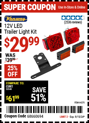 Buy the KENWAY 12 Volt LED Trailer Light Kit (Item 64275) for $29.99, valid through 9/15/2024.