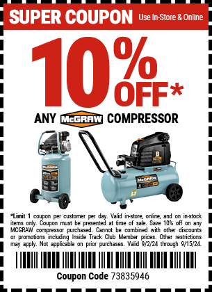 Save 10% off any single McGraw Compressor, valid through 9/15/2024.