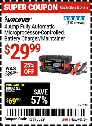 Buy the VIKING 4 Amp Fully Automatic Microprocessor Controlled Battery Charger/Maintainer (Item 63350) for $29.99, valid through 9/29/2024.