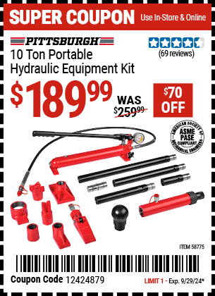 Buy the PITTSBURGH 10 Ton Portable Hydraulic Equipment Kit (Item 58775) for $189.99, valid through 9/29/2024.